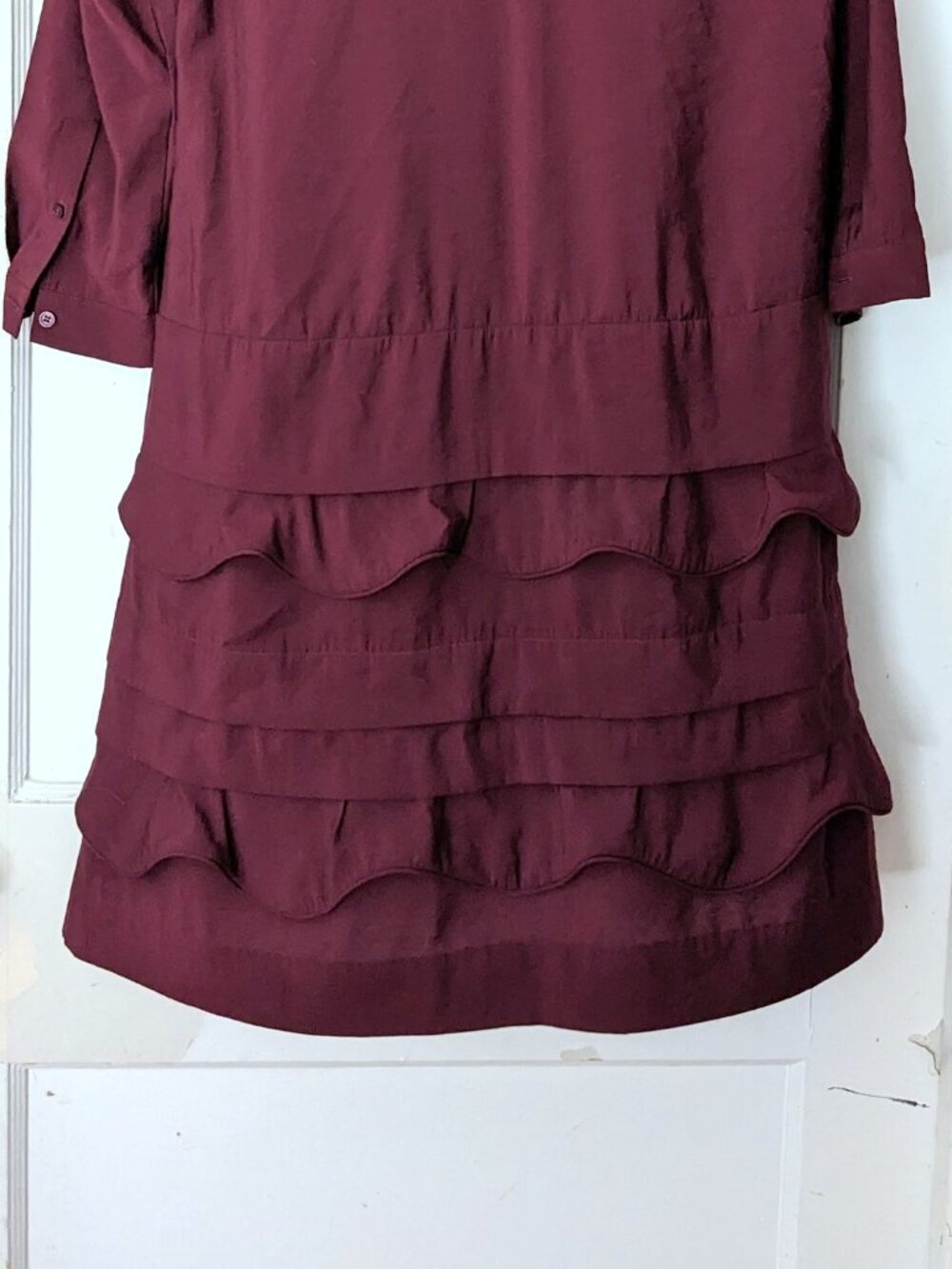 COS Scalloped Trim Layered Ruffle Mini Dress Long Sleeve Pocket Burgundy Size 6 - Picture 9 of 11